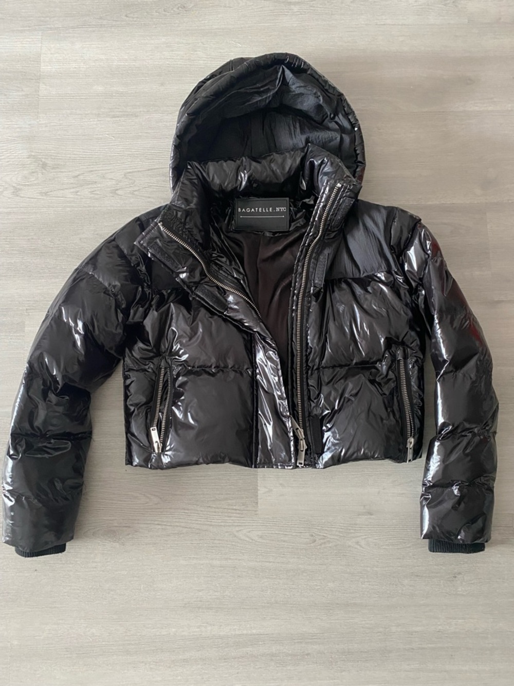 bagatelle Glossy Black Cropped Puffer Jacket with Hood